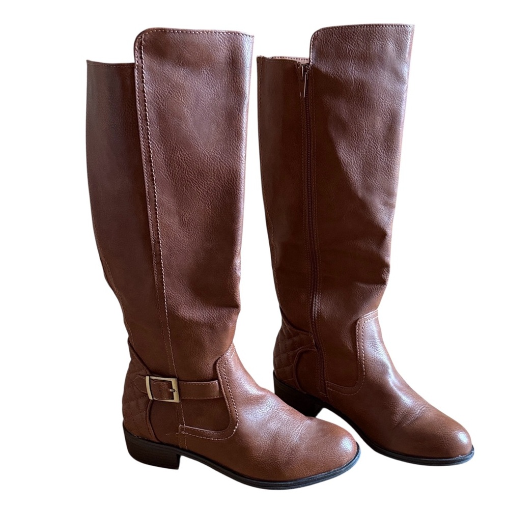 WOMENS DINO RIDING BOOTS FAUX VEGAN LEATHER ZIP CLOSURE COGNAC SIZE 7.5